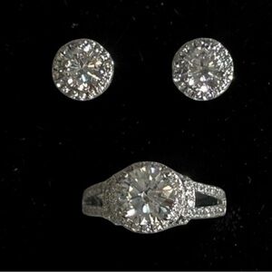 DIAMONIQUE Rhodium Plated Sterling Silver Halo Solitaire RING 7 and EARRINGS Set
